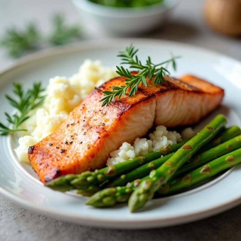 Seared Salmon with Steamed Asparagus and Garlic Mashed Cauliflower