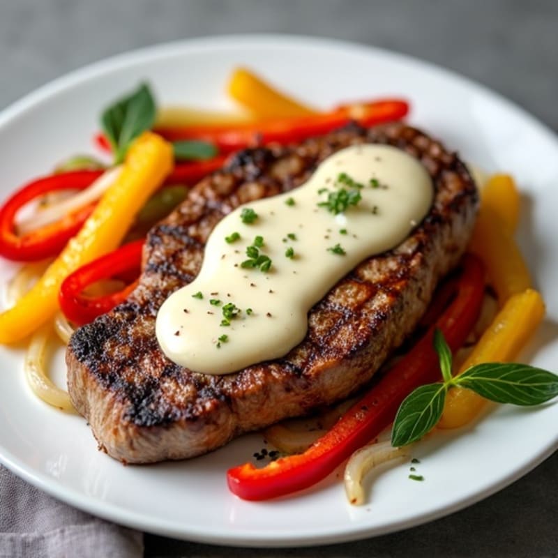 Lean Steak with Sautéed Bell Peppers, Onions, and Creamy Provolone Sauce