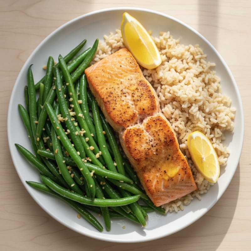 Seared Salmon with Garlic Green Beans and Brown Rice