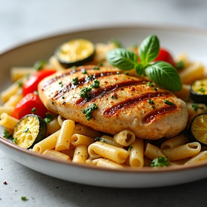 Chicken Pesto Whole Wheat Pasta with Roasted Vegetables