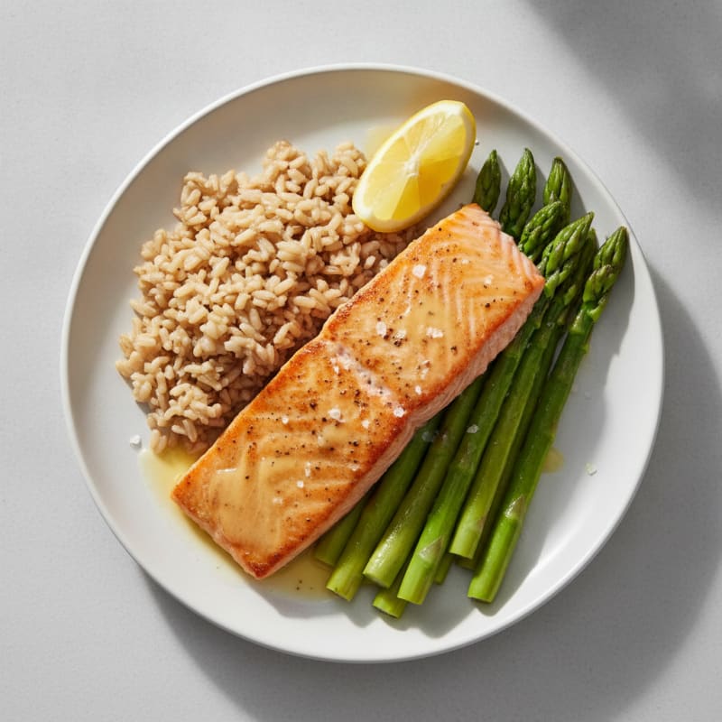 Seared Salmon with Steamed Asparagus and Brown Rice