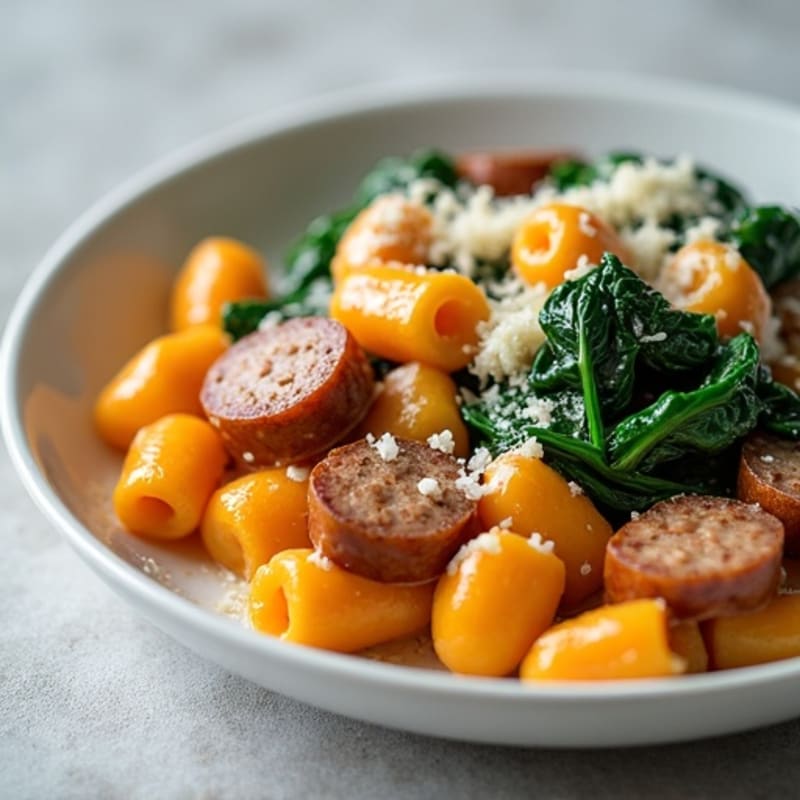 Creamy Sweet Potato Gnocchi with Lean Chicken Sausage and Sautéed Spinach
