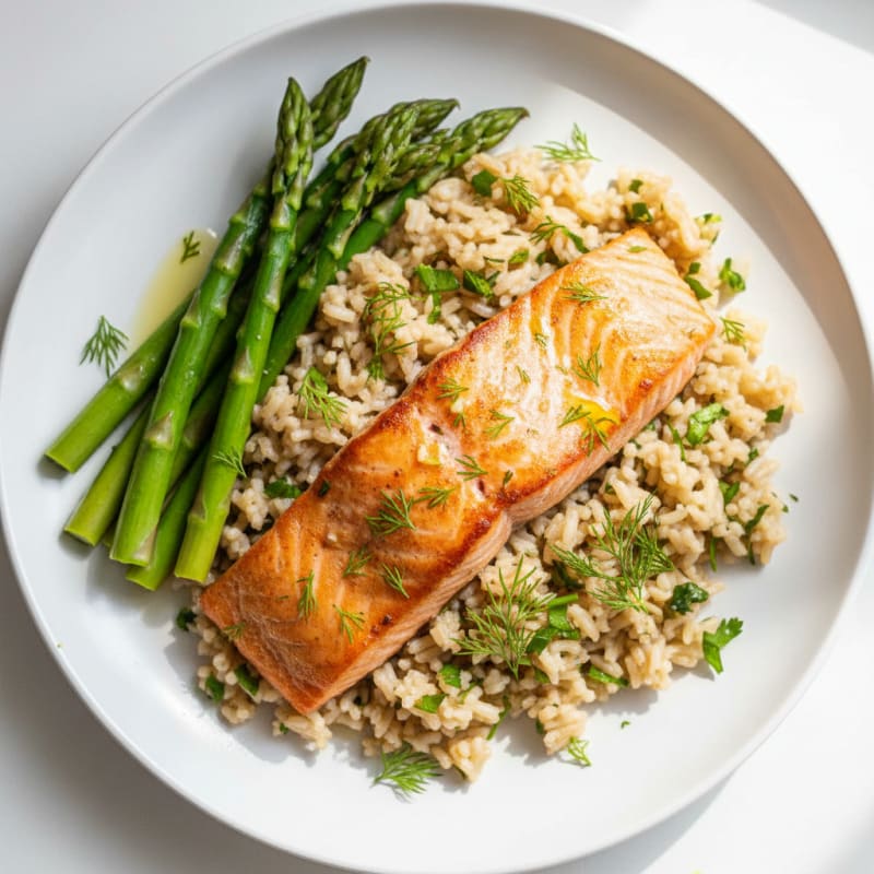 Seared Salmon Fillet with Herbed Brown Rice and Steamed Asparagus
