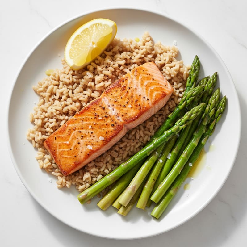 Seared Salmon with Steamed Asparagus and Brown Rice