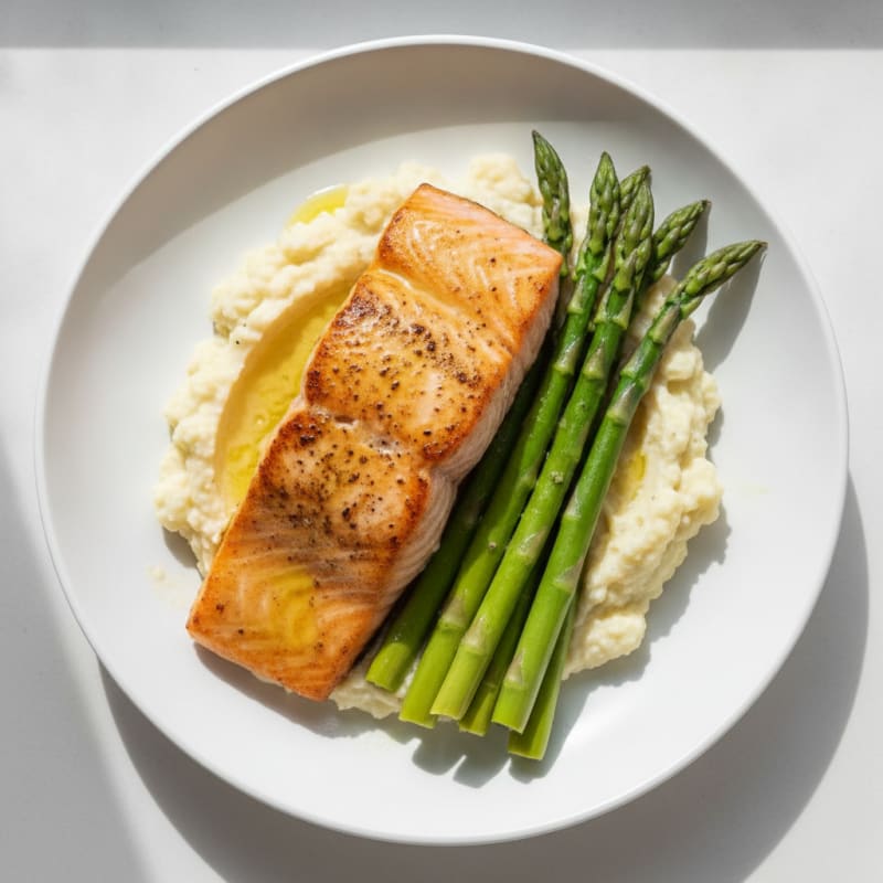 Seared Salmon with Steamed Asparagus and Cauliflower Mash