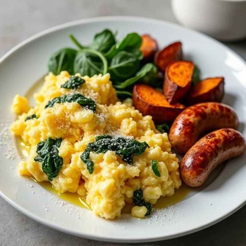 Egg White and Turkey Sausage Scramble with Spinach and Roasted Sweet Potatoes