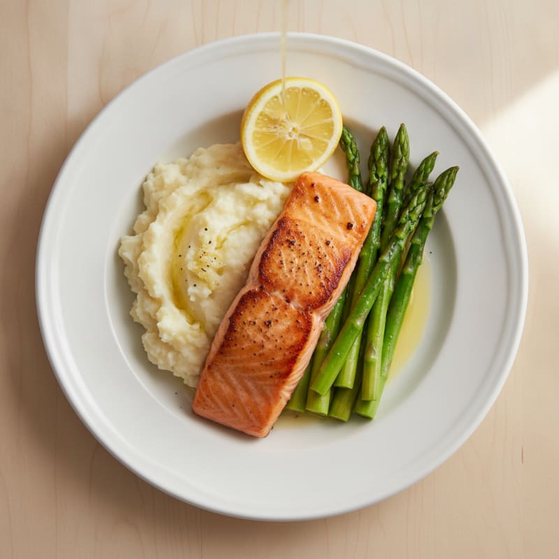 Seared Salmon Fillet with Steamed Asparagus and Cauliflower Mash