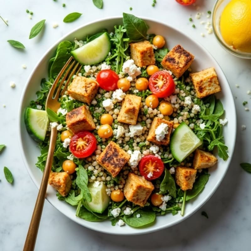 Crispy Chickpea and Quinoa Power Salad with Fresh Greens, Tangy Feta, and Bright Lemon Vinaigrette