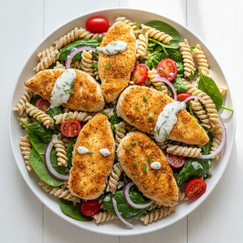 Ranch Chicken Pasta Salad with Crispy Chicken