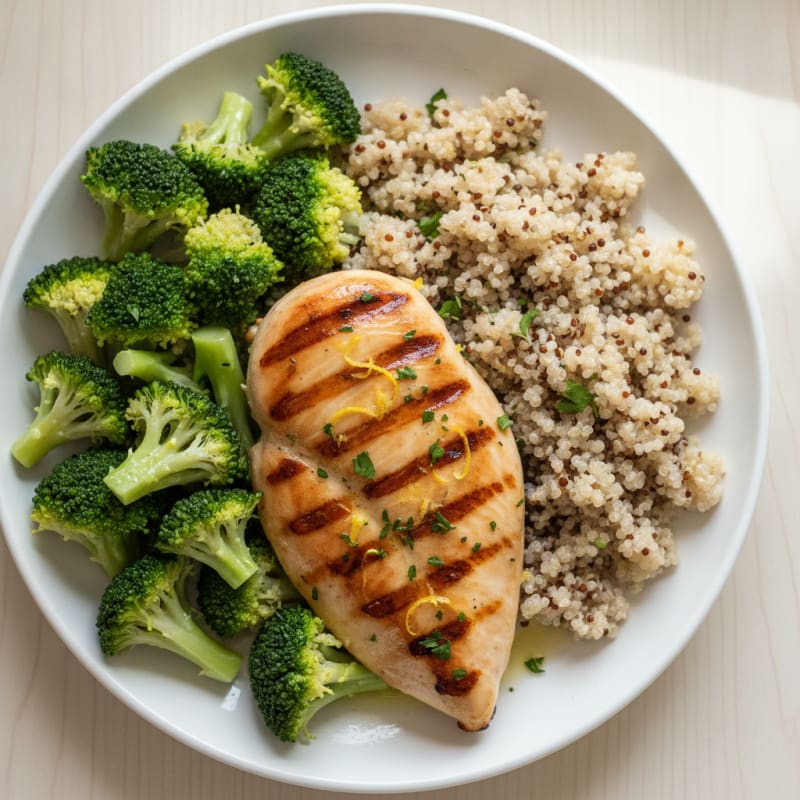 Grilled Chicken Breast with Steamed Broccoli and Quinoa
