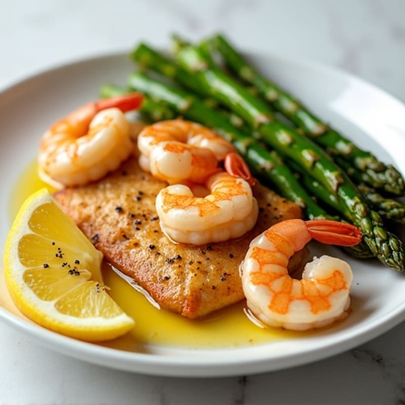 Lemon Garlic Pan-Seared Shrimp and Tilapia with Roasted Asparagus