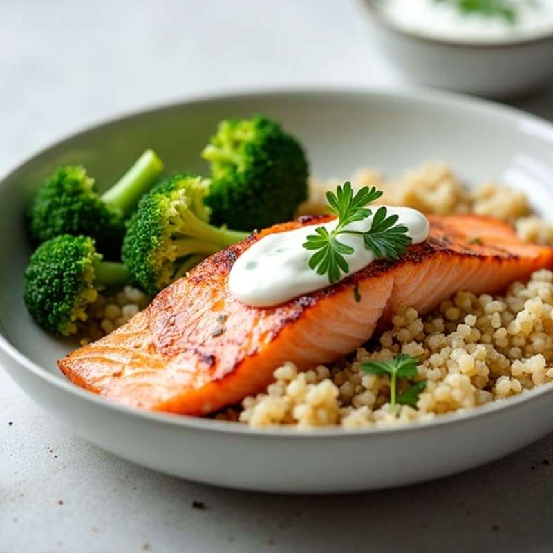 Seared Salmon with Steamed Broccoli and Quinoa