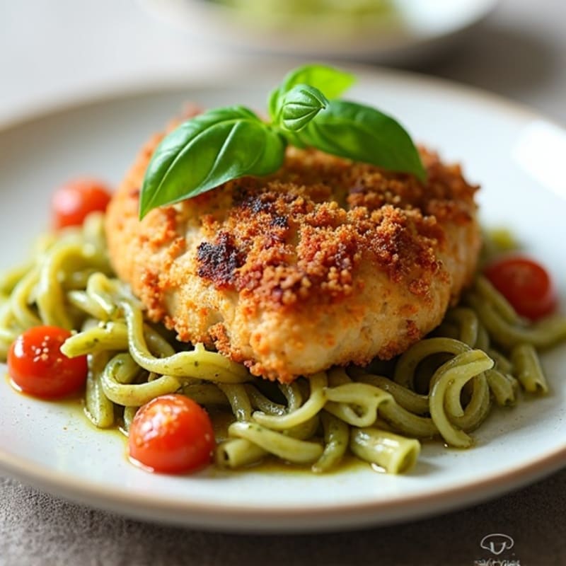 Crispy Sun-Dried Tomato Crumb Chicken with Creamy Pesto Pasta