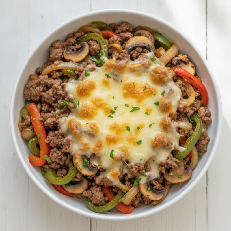 Philly Cheesesteak Skillet with Caramelized Onions