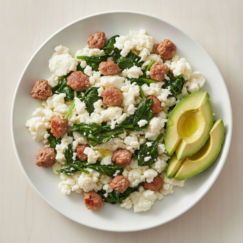 Egg White Scramble with Turkey Sausage and Sautéed Spinach