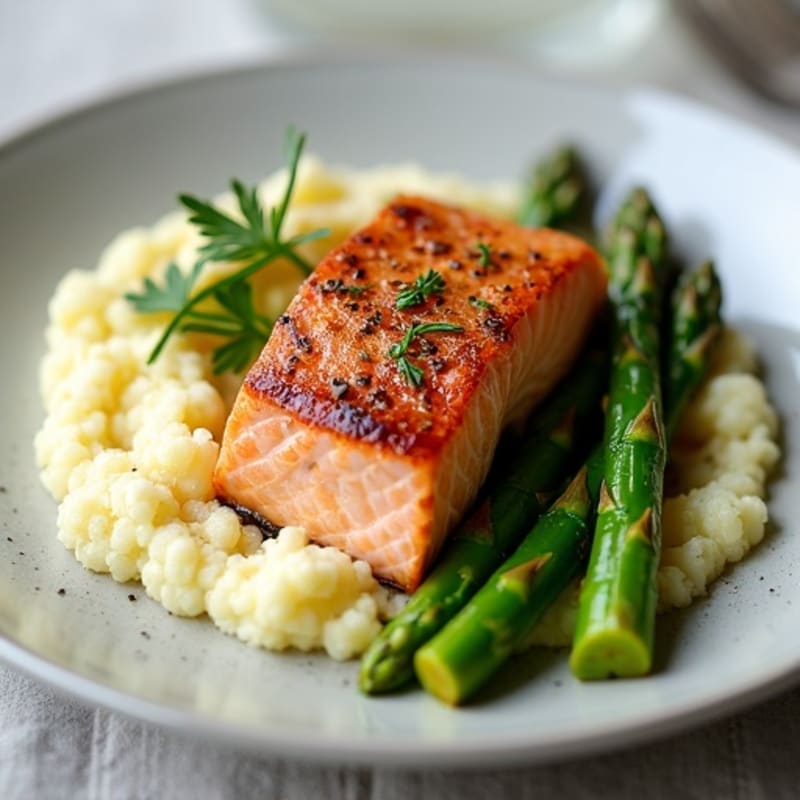Seared Salmon with Roasted Asparagus and Cauliflower Mash