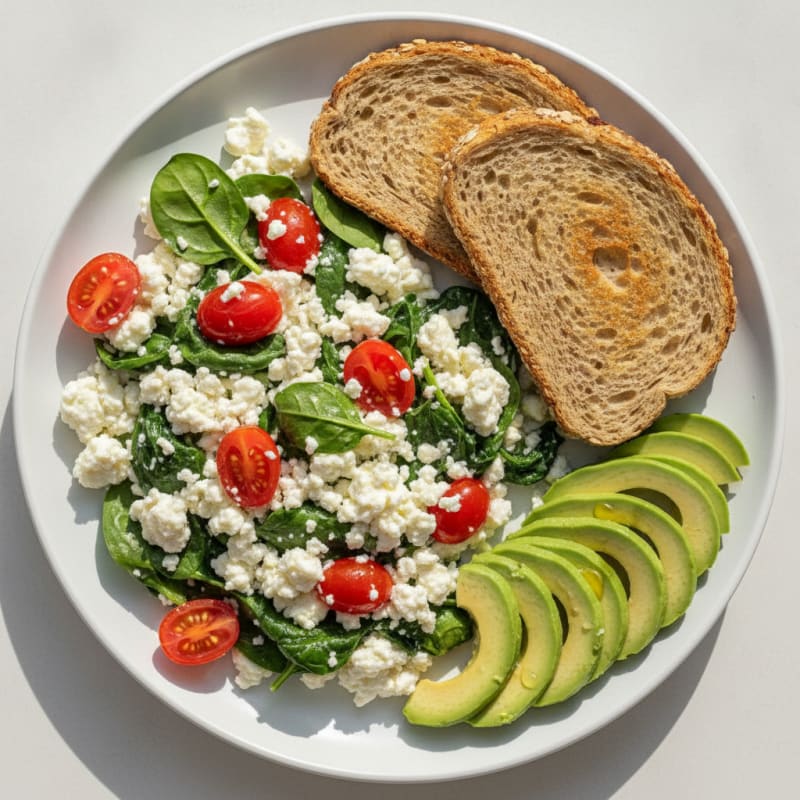 Egg White and Cottage Cheese Scramble with Spinach and Cherry Tomatoes
