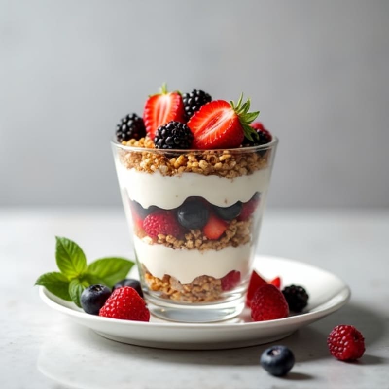Greek Yogurt Parfait with Crunchy Almond Granola and Mixed Berries