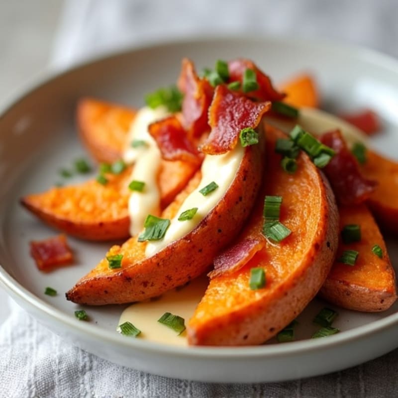 Crispy Roasted Sweet Potato Wedges with Bacon and Creamy Cheese Sauce