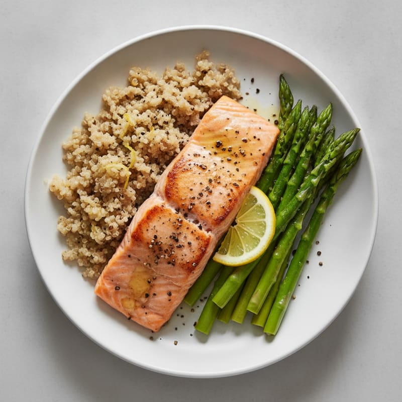 Baked Salmon with Steamed Asparagus and Lemon Quinoa