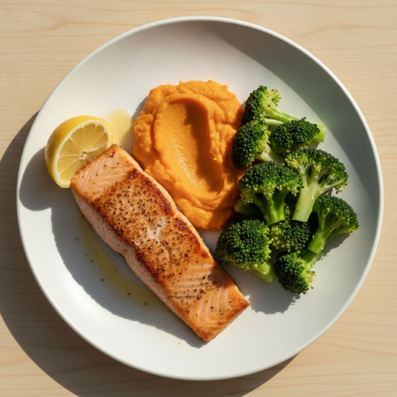 Pan-Seared Salmon with Steamed Broccoli and Sweet Potato Mash