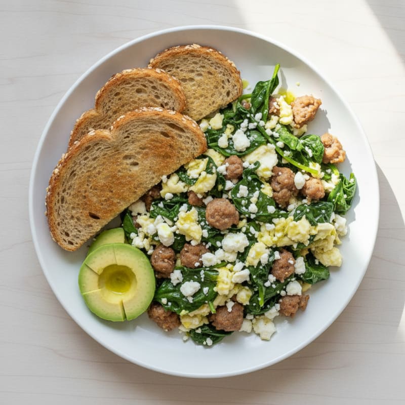 Egg White and Turkey Sausage Scramble with Spinach and Feta