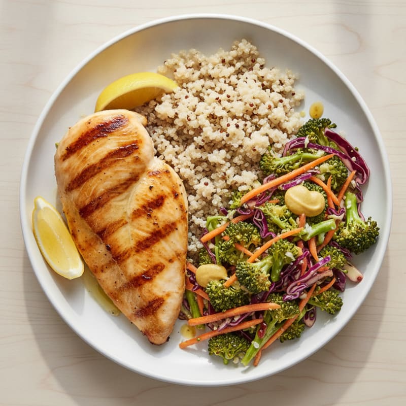 Grilled Chicken Breast with Crunchy Broccoli Slaw and Quinoa