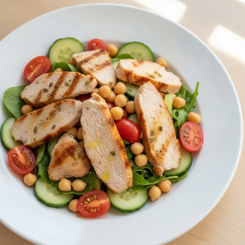 Grilled Turkey Breast Salad with Chickpeas and Cherry Tomatoes