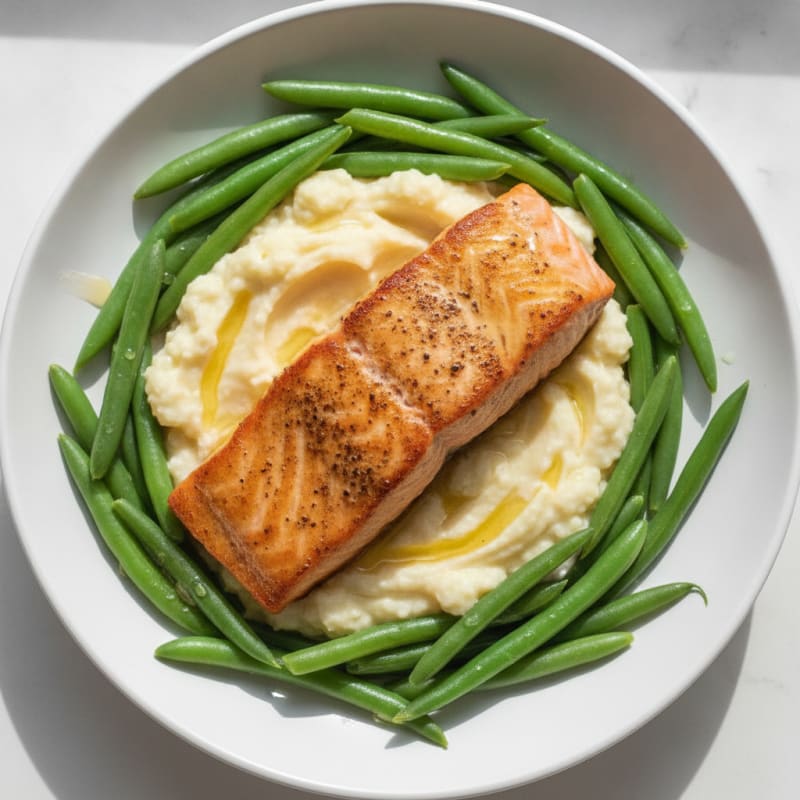 Seared Salmon with Steamed Green Beans and Garlic Mashed Cauliflower