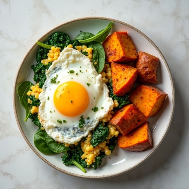 Egg White and Spinach Scramble with Cottage Cheese and Roasted Sweet Potatoes