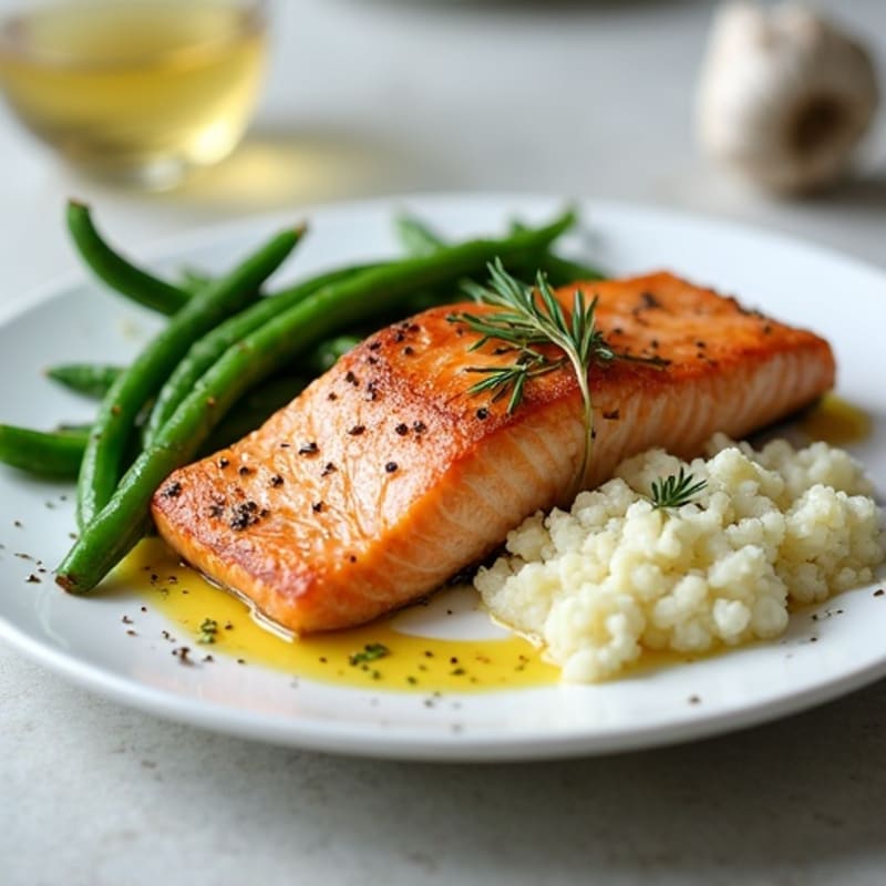 Pan-Seared Salmon with Garlic Green Beans and Cauliflower Mash