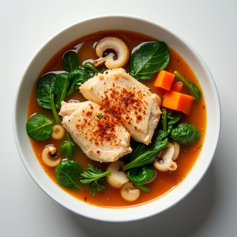 Tender Chicken and Fresh Greens in a Spicy Sriracha Broth