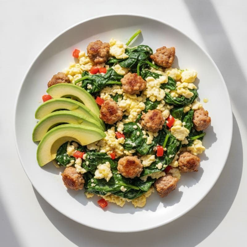 Egg White Spinach Scramble with Turkey Sausage
