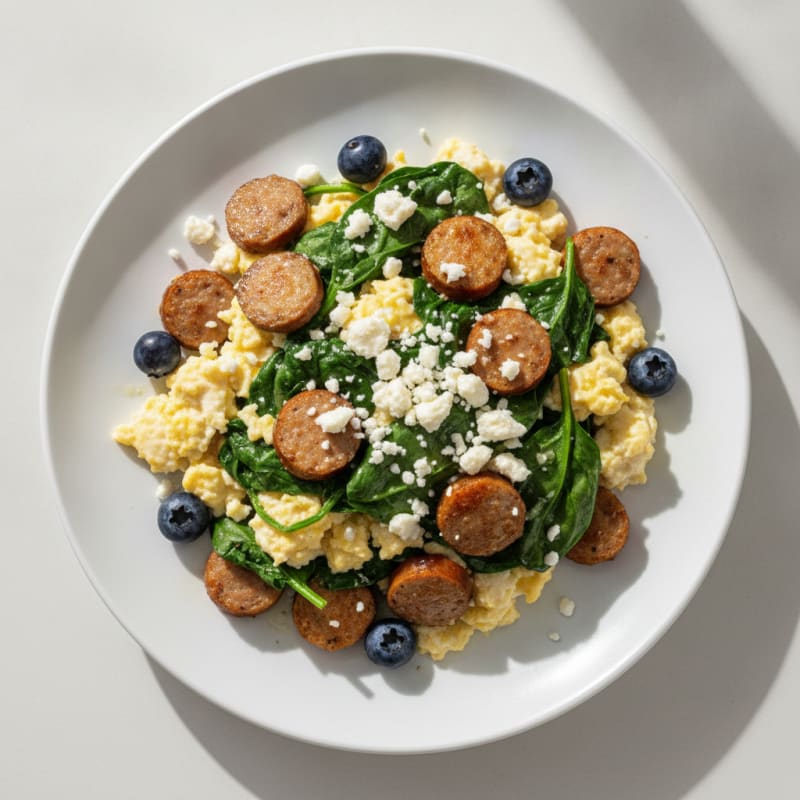 Egg White Scramble with Turkey Sausage and Sautéed Spinach