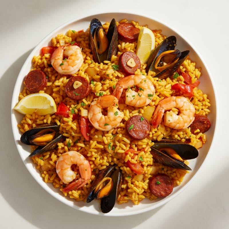 Saffron Seafood Paella with Chorizo