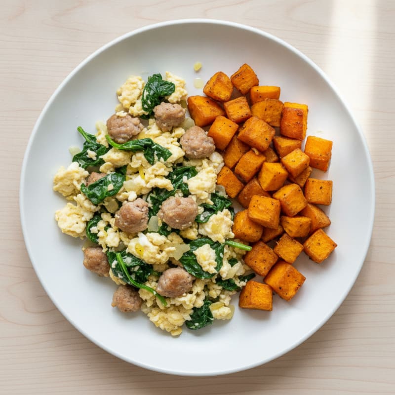 Egg White and Turkey Sausage Scramble with Spinach and Roasted Sweet Potatoes