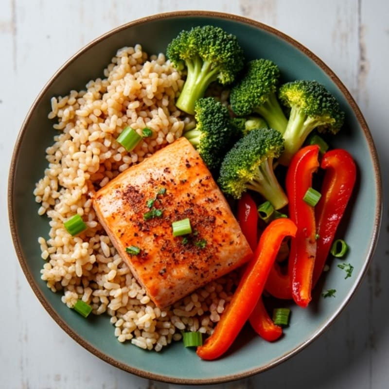 Spicy Salmon Power Bowl with Brown Rice and Crispy Vegetables