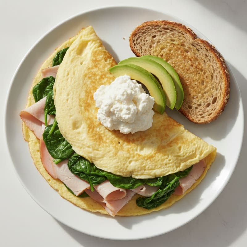 Egg White Spinach Omelette with Cottage Cheese and Sliced Turkey
