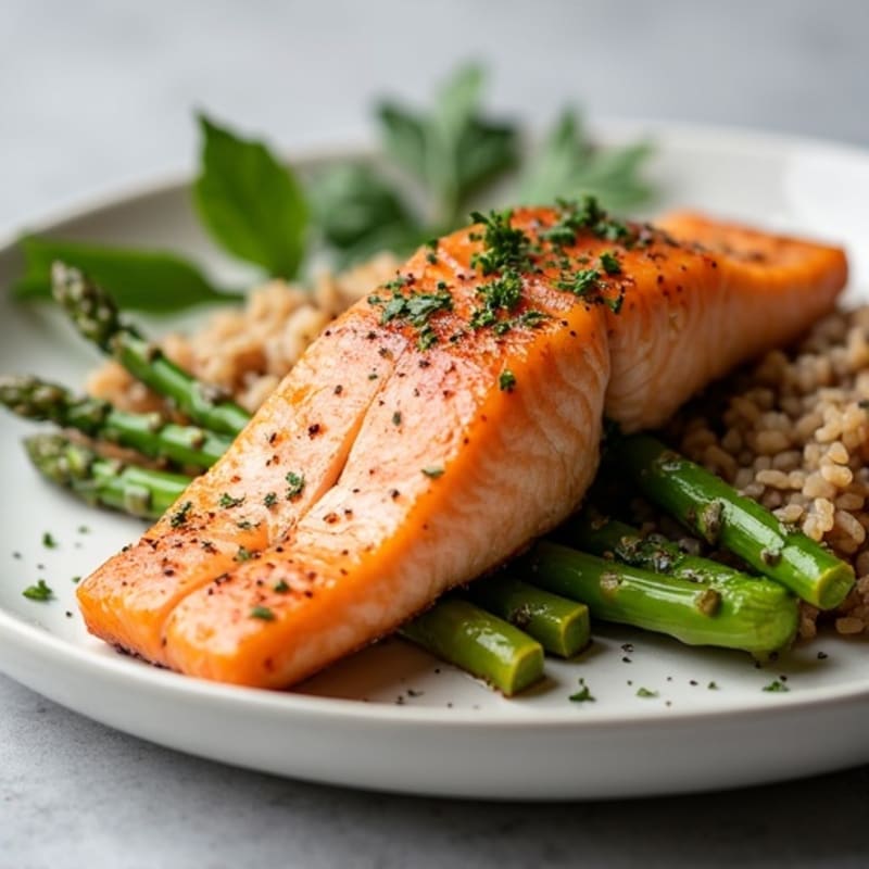Pan-Seared Salmon with Steamed Asparagus and Brown Rice