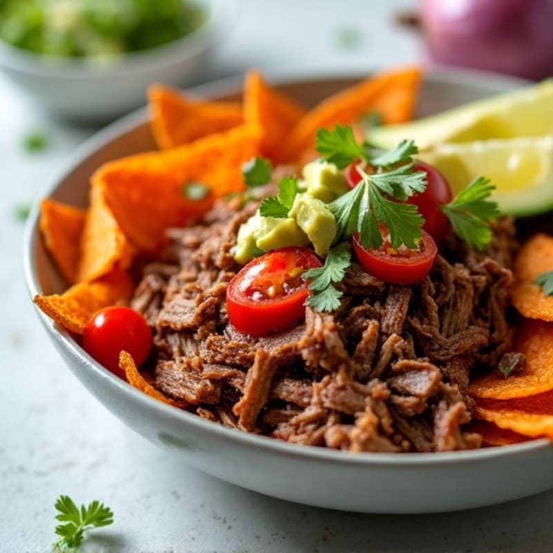 Smoky Pulled Pork with Crispy Sweet Potato Chips and Fresh Avocado Salsa