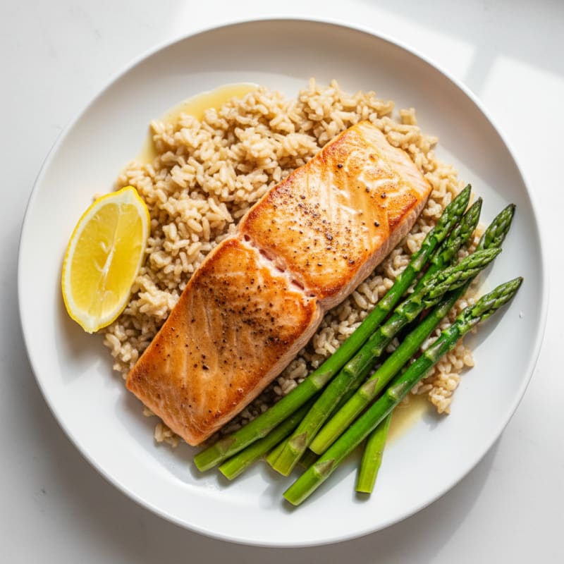 Seared Salmon Fillet with Steamed Asparagus and Brown Rice
