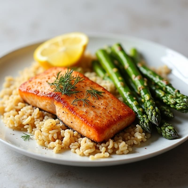 Crispy Pan-Seared Salmon with Lemon-Dill Brown Rice and Roasted Asparagus