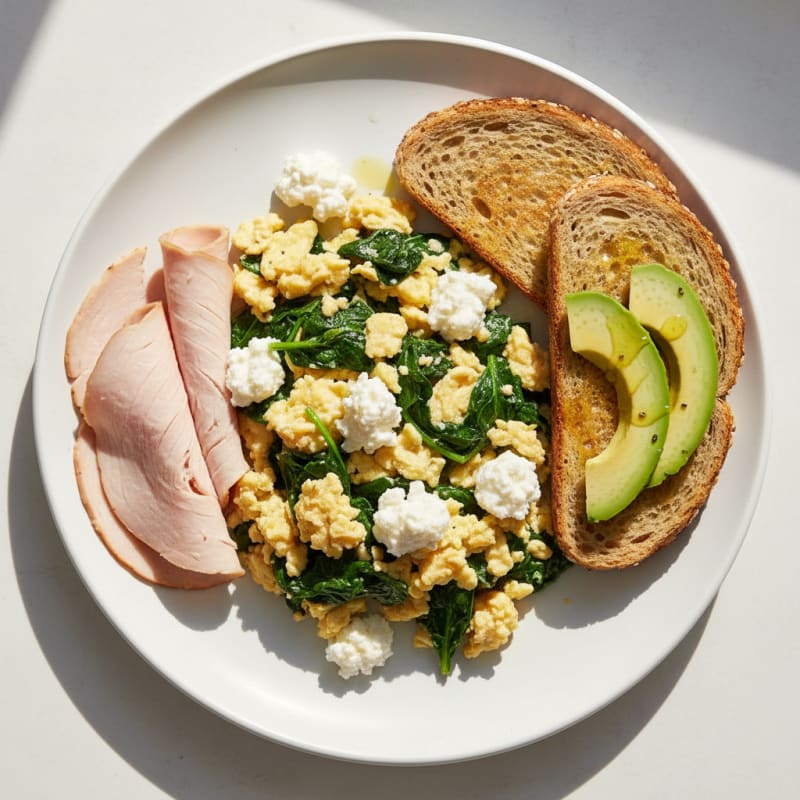 Egg White Spinach Scramble with Cottage Cheese and Sliced Turkey