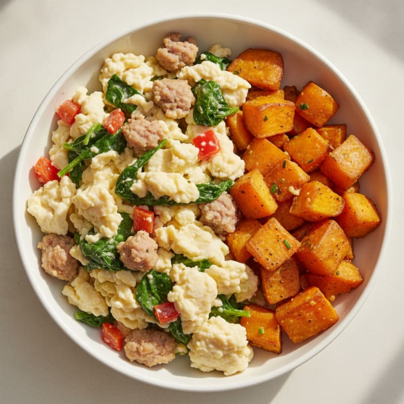 Egg White and Turkey Sausage Scramble with Roasted Sweet Potatoes