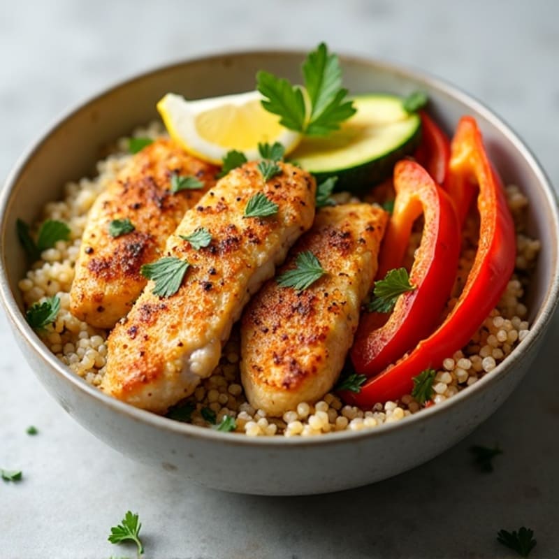 Crispy Lemon-Herb Chicken Quinoa Bowl with Roasted Vegetables