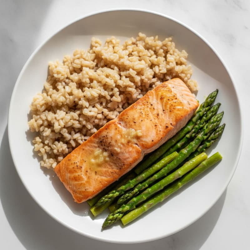 Seared Salmon with Steamed Asparagus and Brown Rice