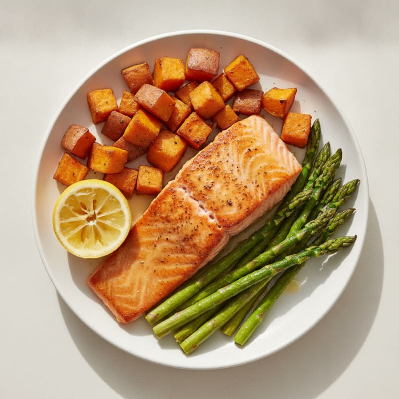 Seared Salmon with Roasted Sweet Potatoes and Asparagus