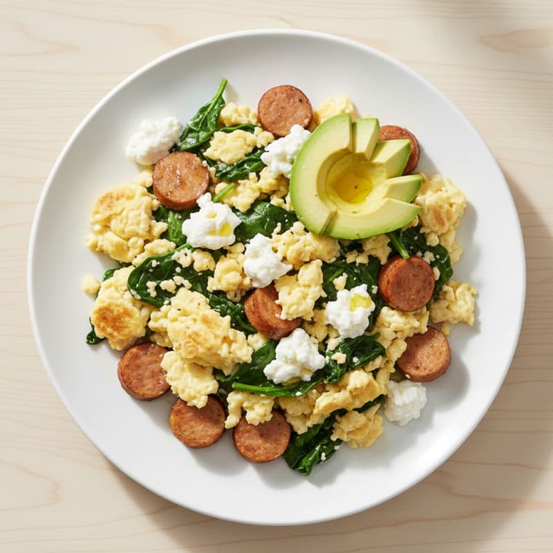 Cottage Cheese Egg Scramble with Spinach and Turkey Sausage
