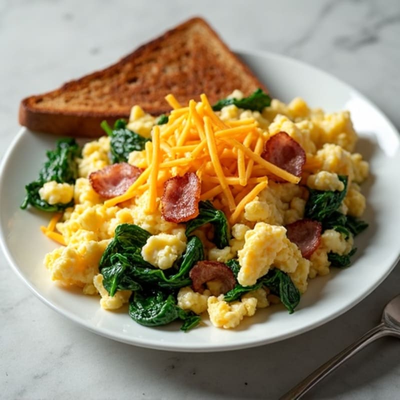 Egg White and Cottage Cheese Scramble with Sautéed Spinach and Turkey Bacon