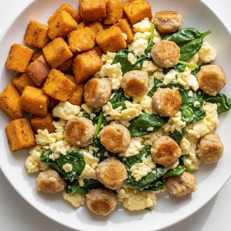 Crispy Chicken Sausage and Egg White Scramble with Spinach